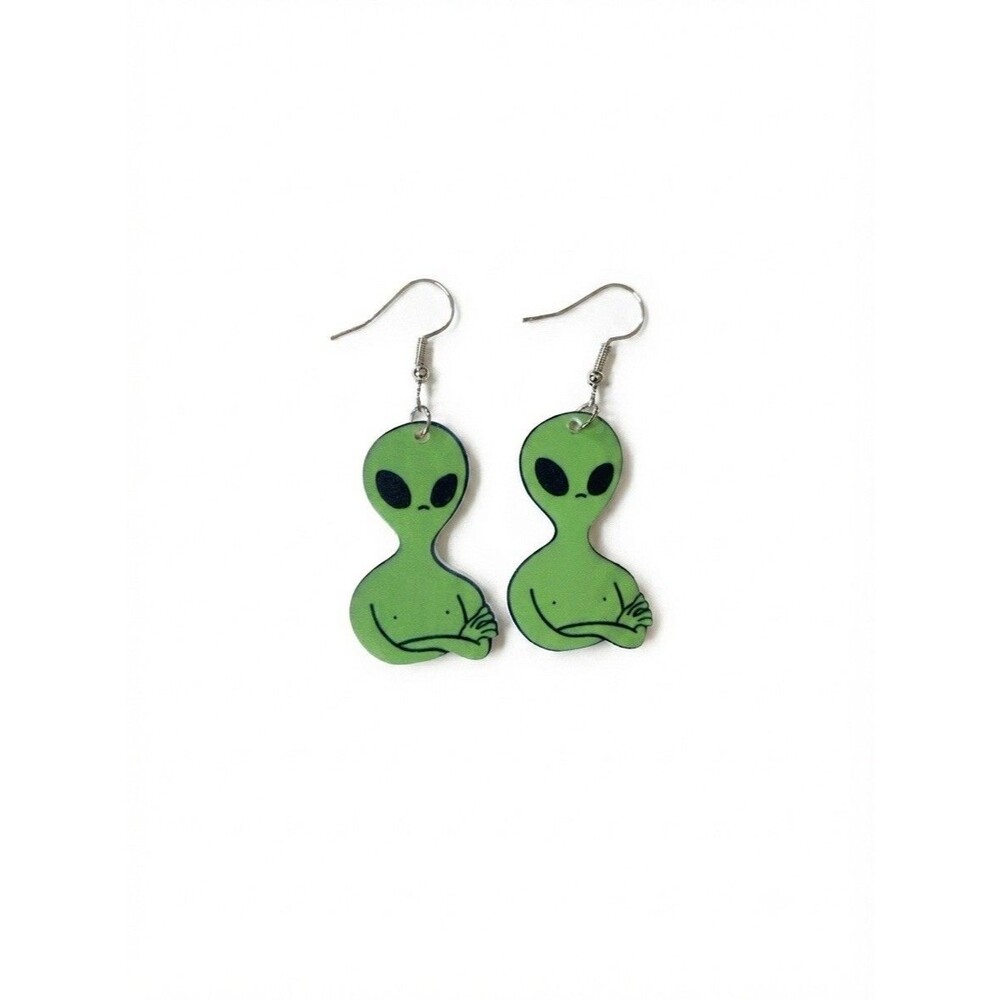 Green Alien Dangle Earrings Cute Quirky Sci Fi Acrylic Hook Earrings Jewelry UFO - Picture 1 of 3